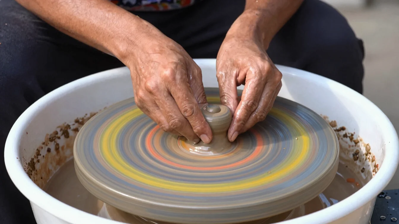Close-up shot of hands working on a colorful pottery wheel, bright natural daylight, saturated rich colors, dynamic live