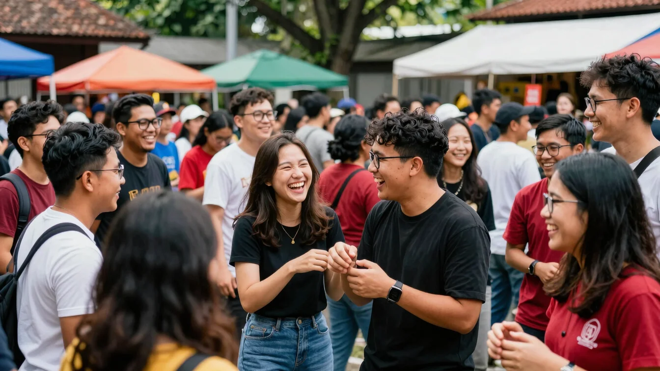 Medium candid shot of diverse young adults participating in a lively outdoor community event, laughing and interacting,