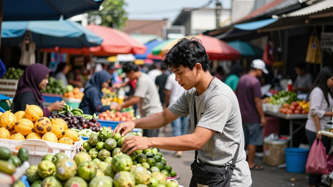 Vibrant editorial photo of a young person exploring a bustling local market, bright natural daylight, saturated rich col