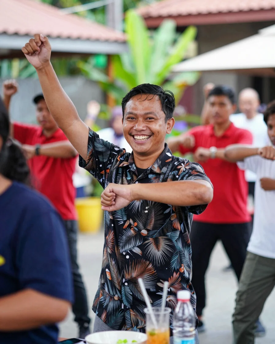 Vibrant editorial photo of a person joyfully trying a new activity, perhaps a cooking class or a dance workshop, with a