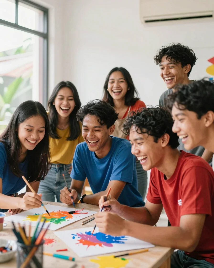 Vibrant editorial photo of a young group laughing and painting to